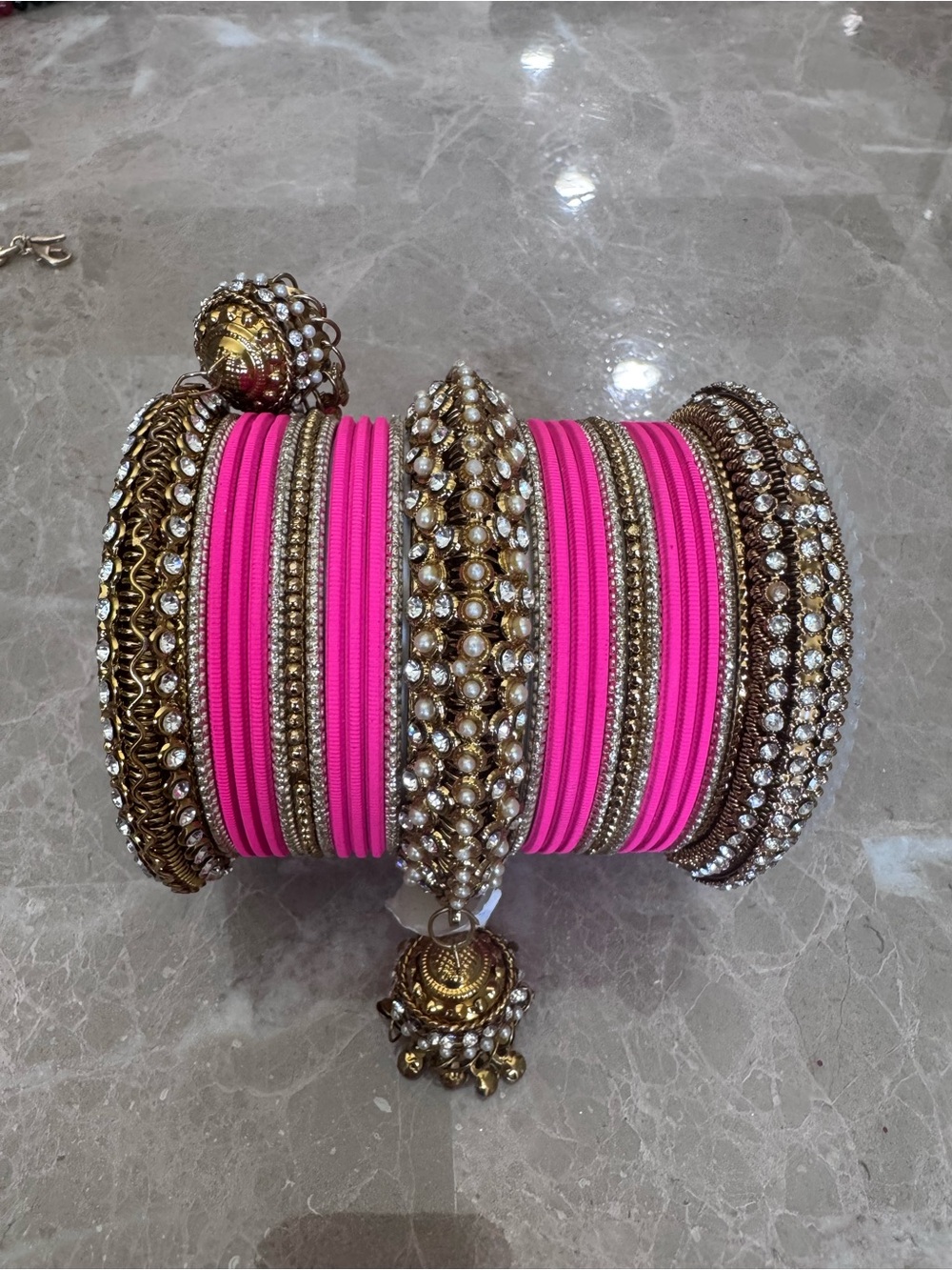 Pink & Gold Rhinestone Indian Bangle Stack Set